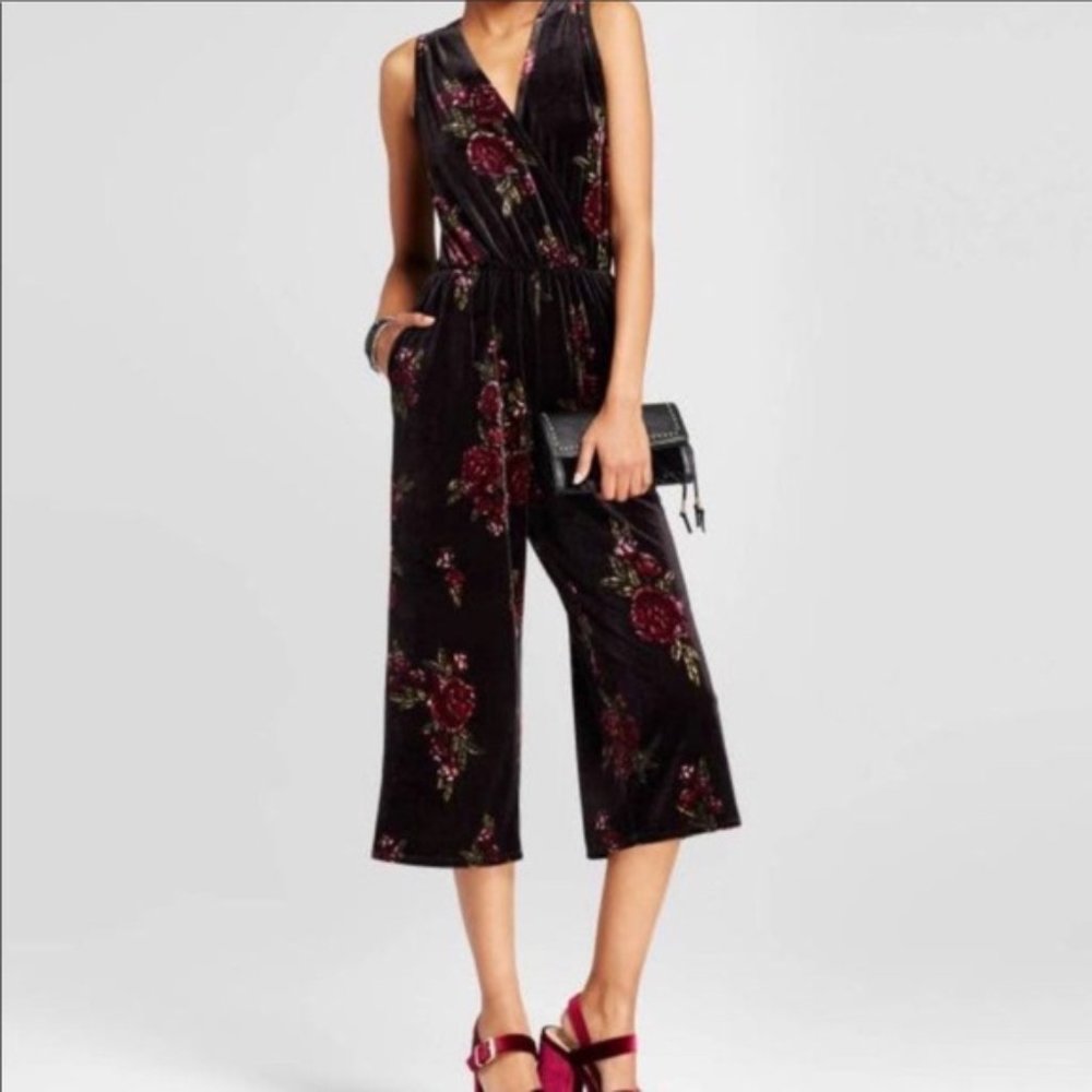 Xhilaration Velvet Black Floral Jumpsuit SIZE S